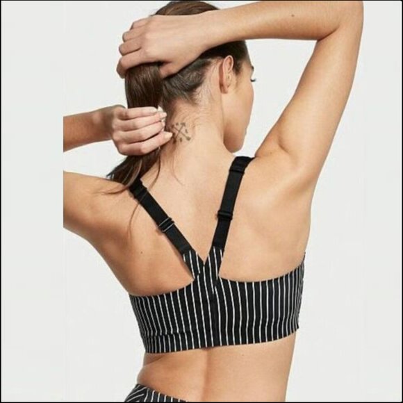 Victoria's Secret Knockout Front-Close Sports Bra, Black/White Pinstripe, 38DD - Picture 3 of 9